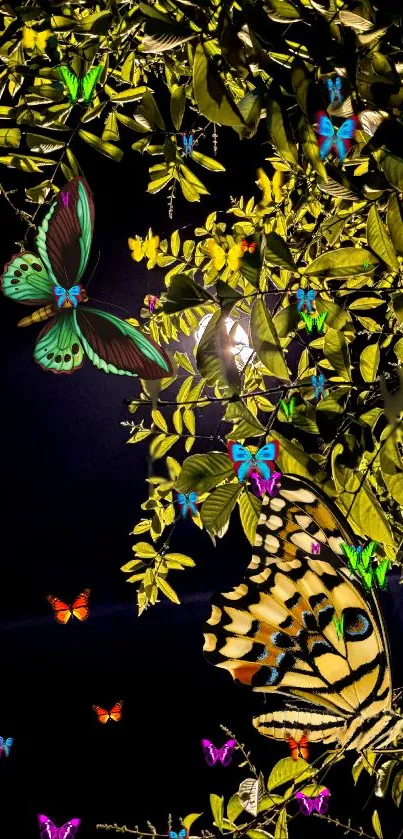 Colorful butterflies and green leaves mobile wallpaper.