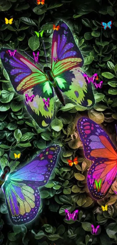 Three neon butterflies on lush green leaves.