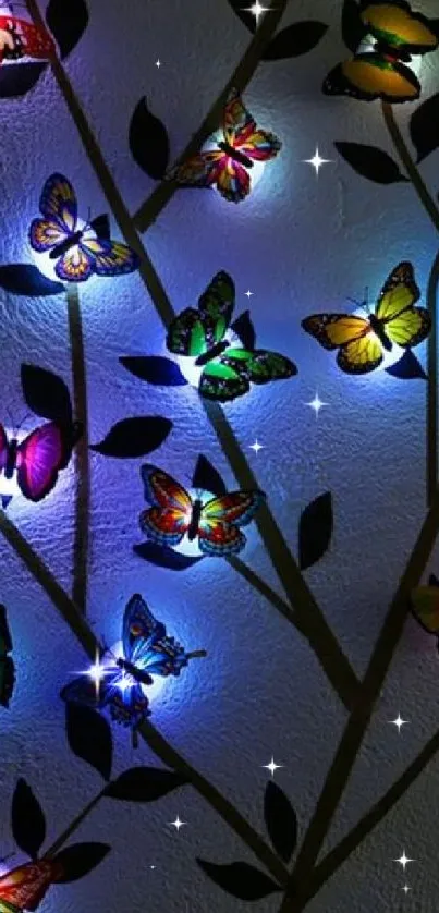 Colorful butterfly lights on dark branches.