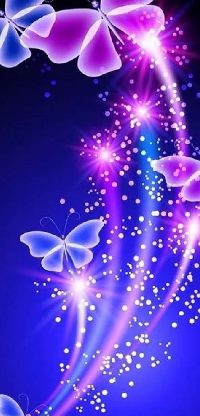 Vibrant wallpaper with neon butterflies and light trail on dark background.