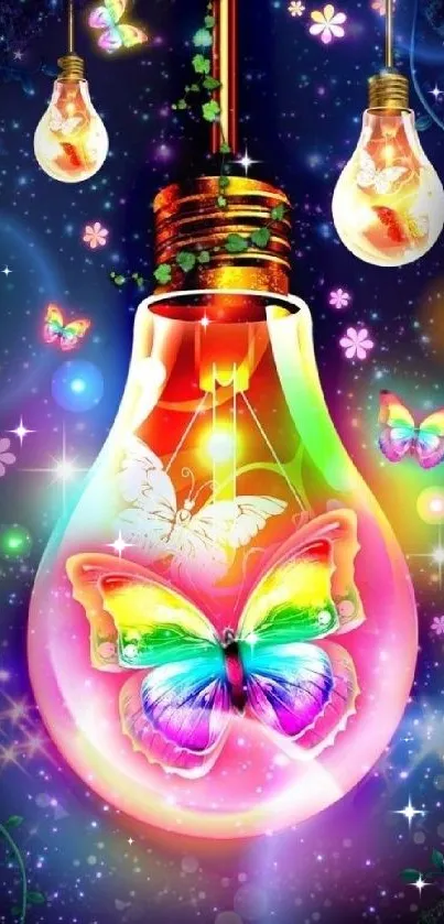 Colorful butterfly light bulb wallpaper with magical glowing effect.