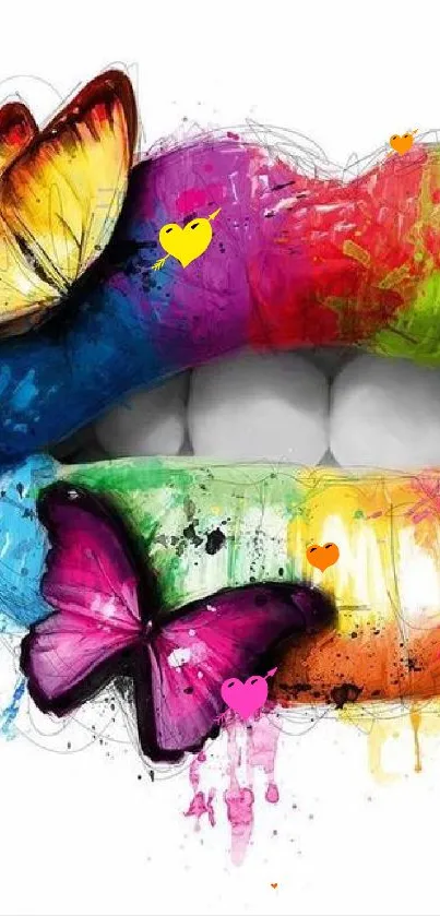 Colorful lips with butterflies mobile wallpaper.