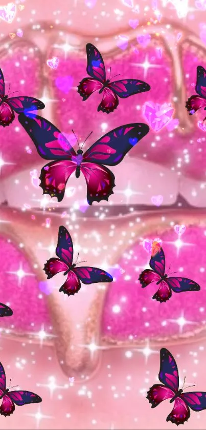 Pink glittery lips with vibrant butterflies.
