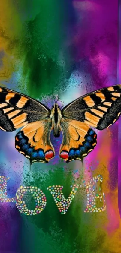 Vibrant butterfly with love text on colorful mobile wallpaper.