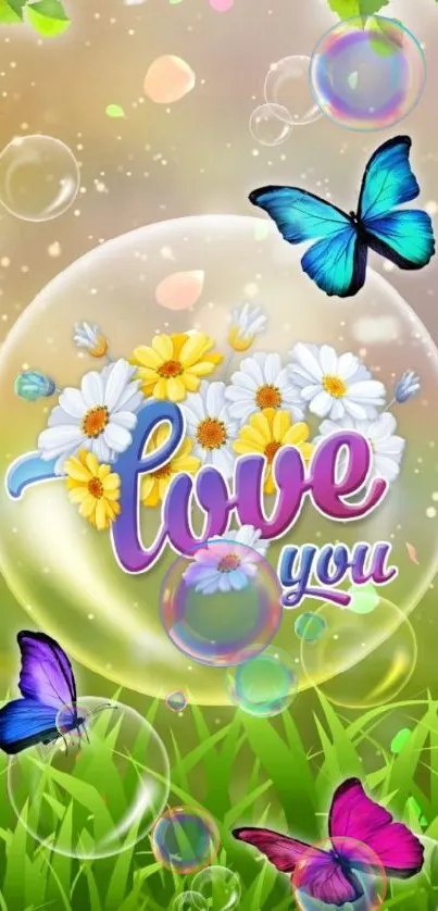 Vibrant wallpaper with butterflies, flowers, and 'love you' text.