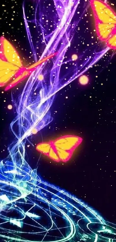 Neon butterflies with swirling magic energy on black background.