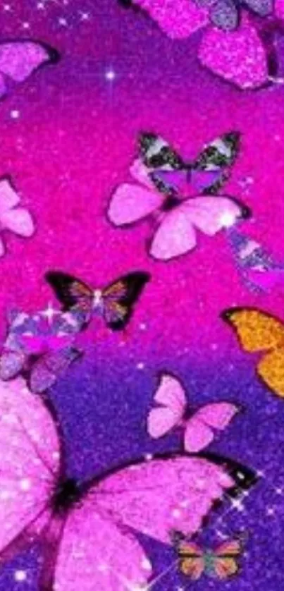 Vibrant wallpaper with pink butterflies and glitter.