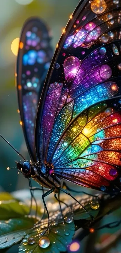 Colorful butterfly with vibrant, sparkling wings resting on a leaf.