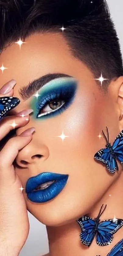 Bold blue butterfly makeup art with vivid colors.