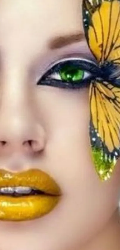 Close-up of face with yellow butterfly makeup art.