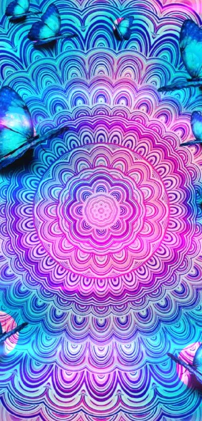 Vibrant mandala with blue butterflies on pink and blue background.