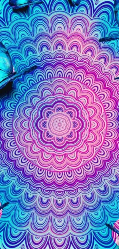 Vibrant mandala wallpaper with butterflies in blue and purple hues.