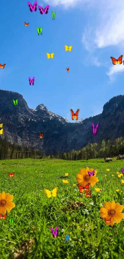 Meadow landscape with colorful butterflies under blue sky.