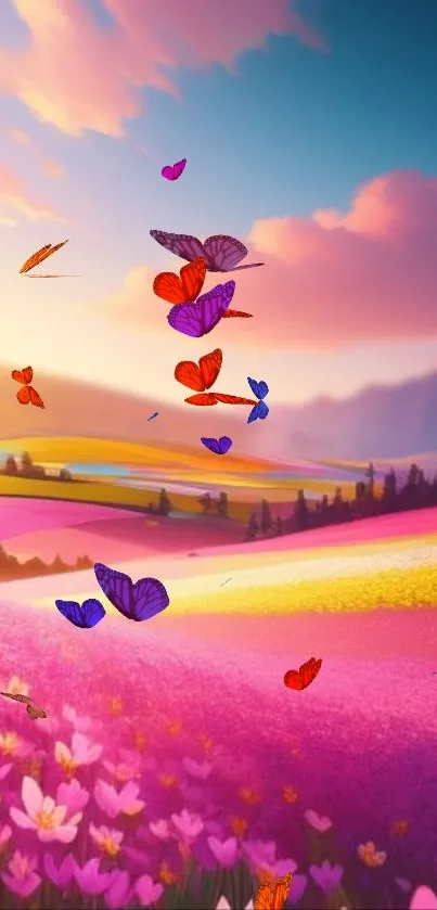 Vibrant pink meadow with colorful butterflies fluttering.