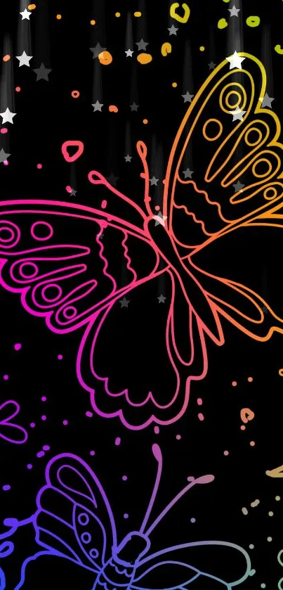 Colorful butterfly sketch on black mobile wallpaper.