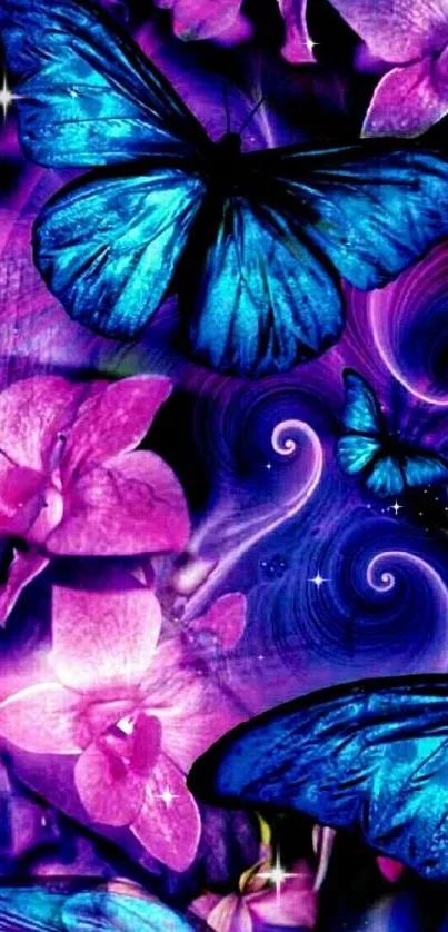 Blue butterflies and purple orchids on vibrant mobile wallpaper.