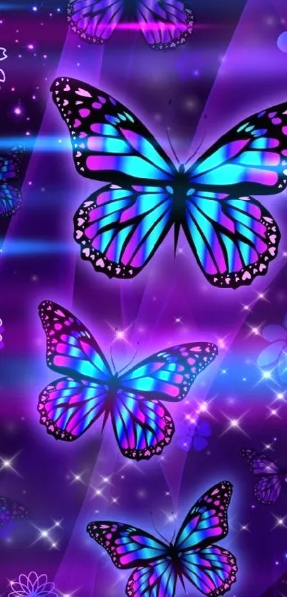 Vibrant neon butterfly wallpaper with dark background.