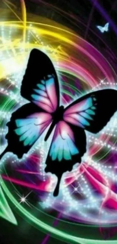 Vibrant neon butterfly on colorful swirl background wallpaper.