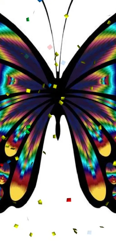 Vibrant butterfly with colorful patterns and black outline for phone wallpaper.