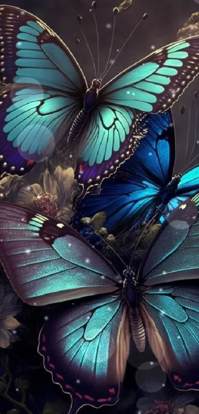 Vibrant butterflies with teal tones among flowers on a dark background wallpaper.