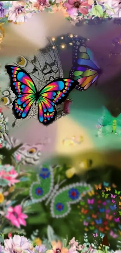 Vibrant butterfly and floral wallpaper with green tones for mobile screens.