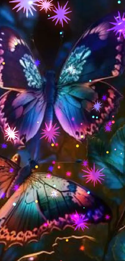 Colorful butterflies with glowing wings on leaves background.