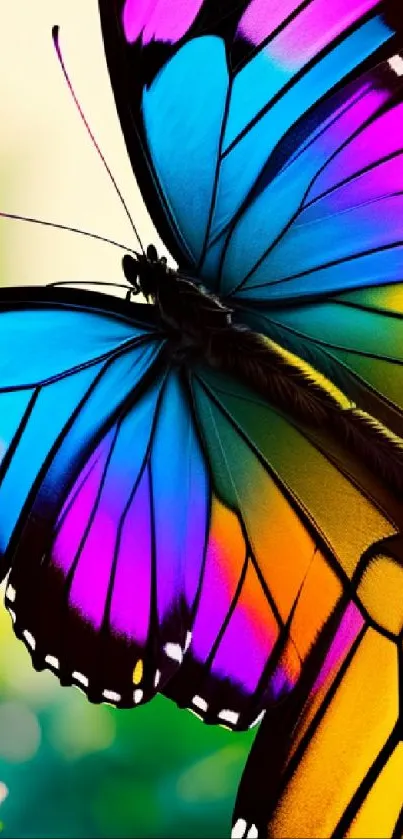 Vibrant butterfly with rainbow colors on a natural background.