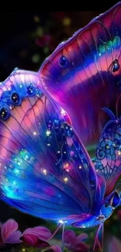 Vibrant blue-violet butterfly with shimmering light effects on wings.