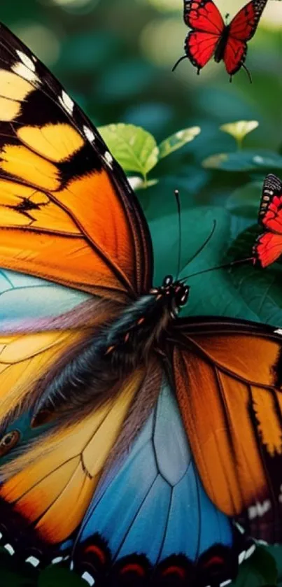 Orange and blue butterfly on lush green leaves with red accents.