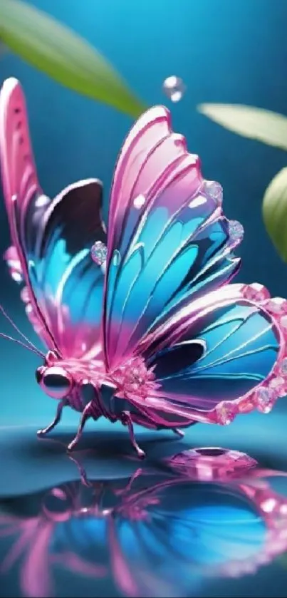 Vibrant butterfly with pink and blue colors in elegant mobile wallpaper.