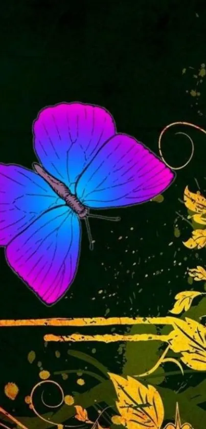 Vibrant purple and blue butterfly with yellow floral accents on dark background.