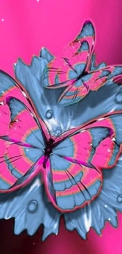 Pink and blue butterfly on floral background wallpaper.