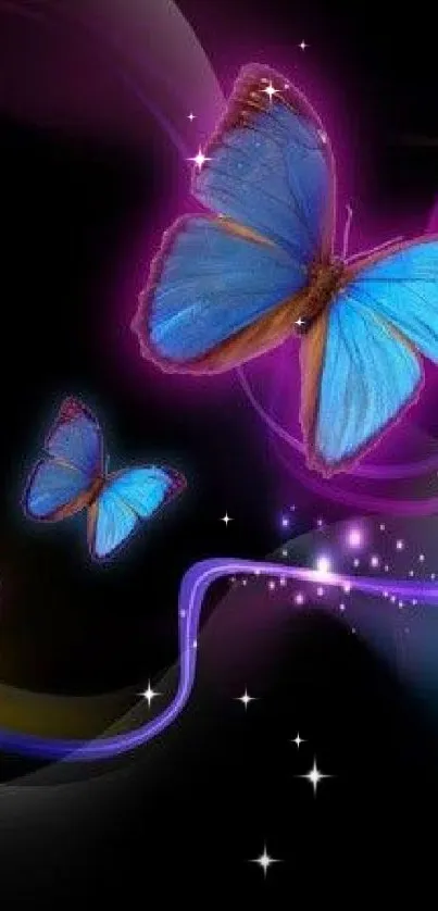 Vibrant wallpaper with blue butterflies and neon purple swirls.