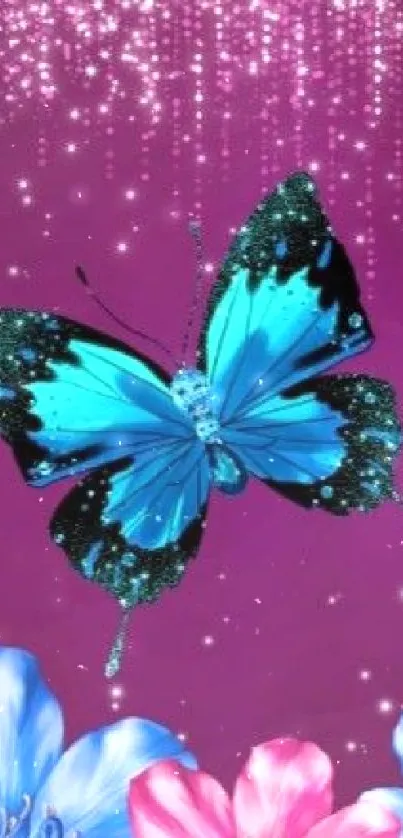 Vibrant blue butterfly with floral accents on purple background wallpaper.