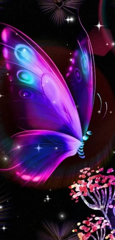 A vibrant neon butterfly in a fantasy night sky art.