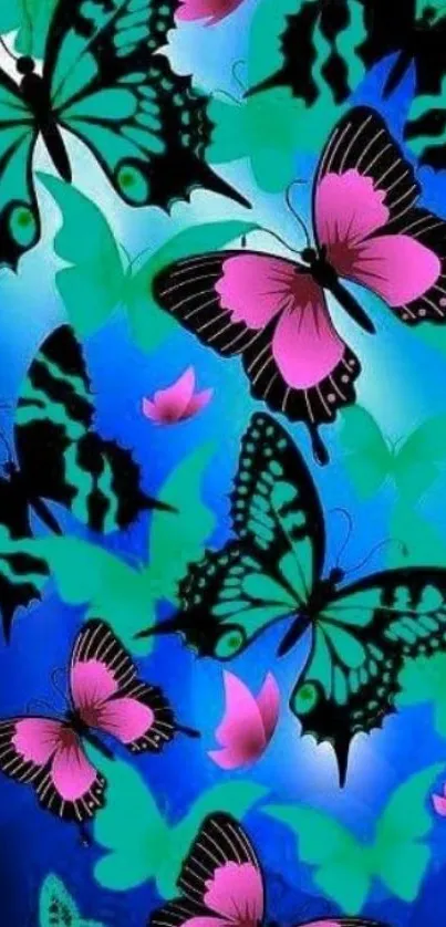 Vibrant blue and pink butterfly wallpaper with striking colors.