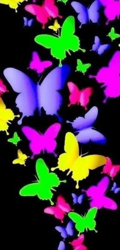 Vibrant neon butterfly wallpaper for mobile phones with a black background.