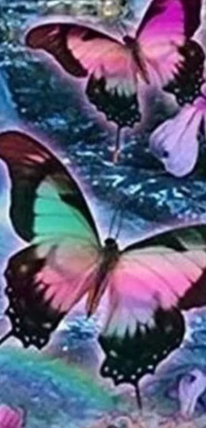 Vibrant pink and teal butterflies in a mystical setting.