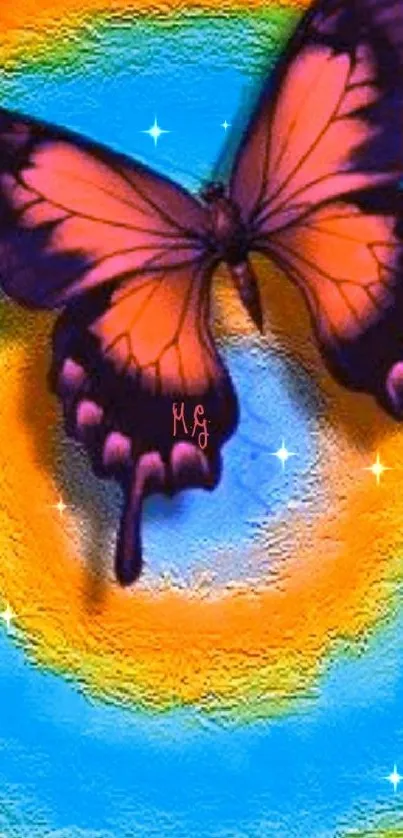 Vibrant butterfly with orange and blue background mobile wallpaper.