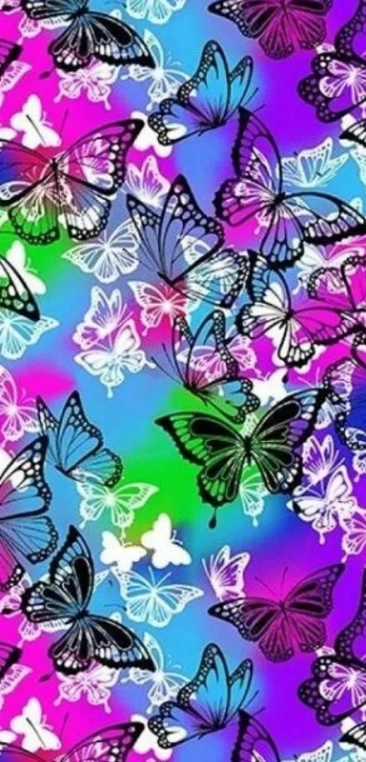 Colorful butterfly pattern mural, vibrant and lively.