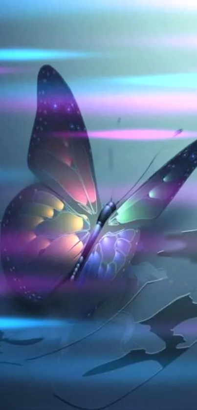 Colorful butterfly on a dark, neon-themed background.