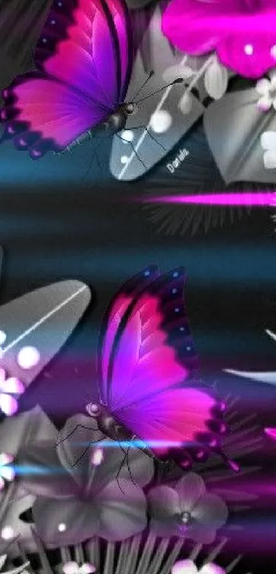 Vibrant butterfly and floral design wallpaper with purple and pink hues on black base.