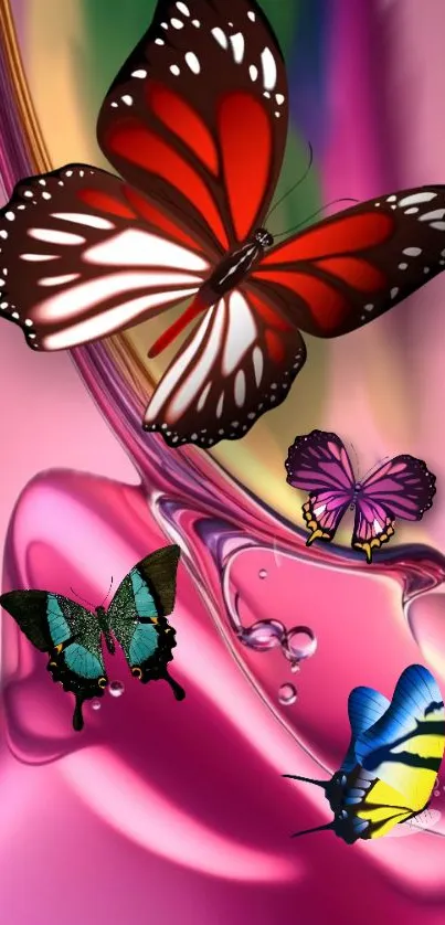 Colorful butterflies on pink abstract background wallpaper.