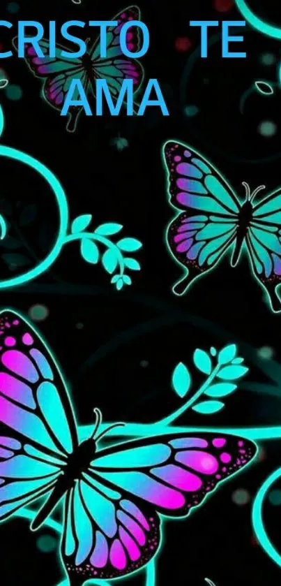 Vibrant butterfly wallpaper with neon colors and floral decorations.