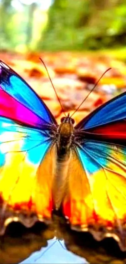 Vibrant butterfly with colorful wings by a stream in a forest.