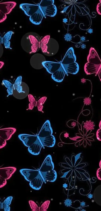 Black wallpaper with neon blue and pink butterflies.