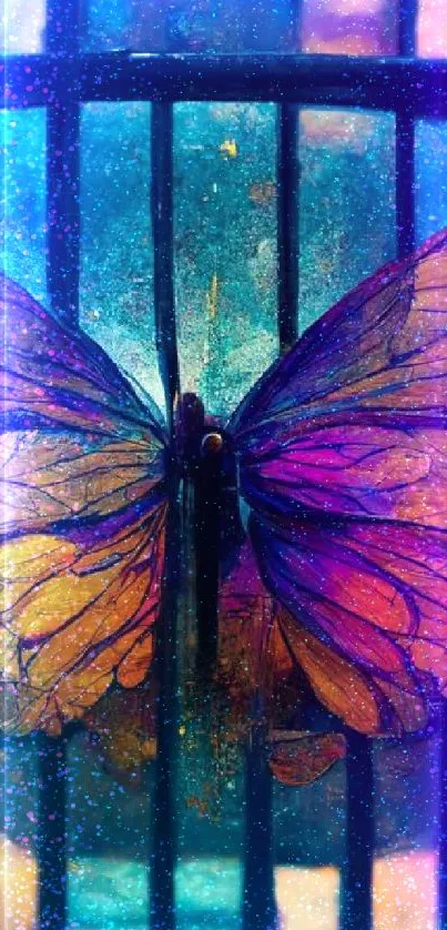 Vibrant butterfly with colorful wings in a cage, artistic mobile wallpaper.