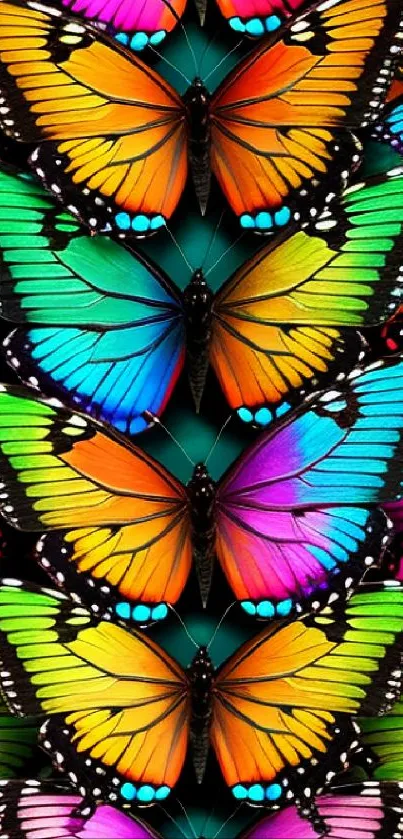 Vibrant multicolored butterfly pattern wallpaper for mobile with orange hues.