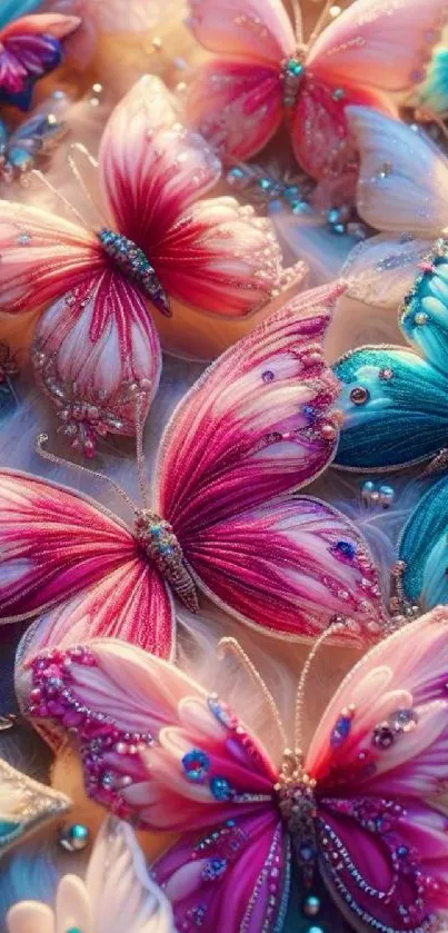 A vibrant wallpaper featuring colorful, intricately decorated butterflies.