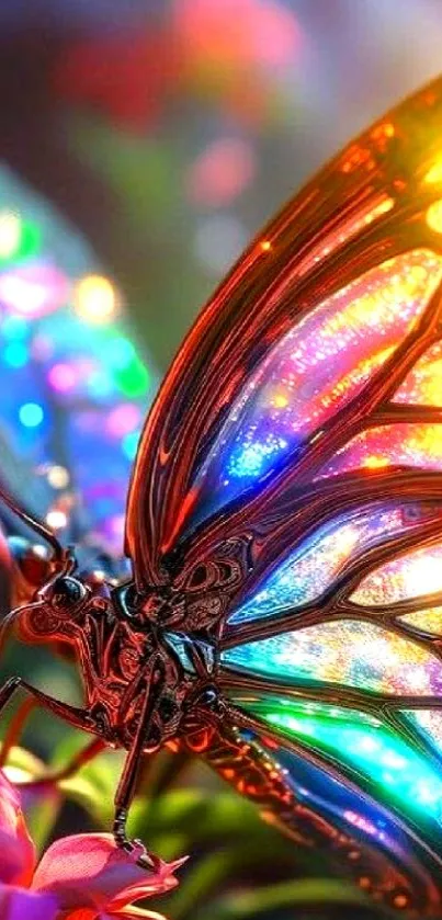 Glowing rainbow butterfly on flowers, vibrant and colorful mobile wallpaper.